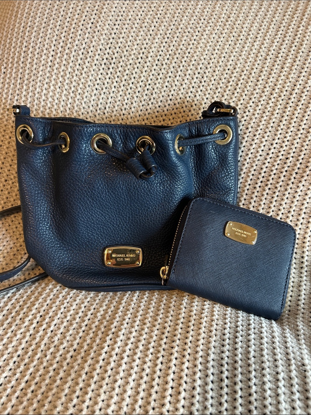 Michael Kors Navy Pebbled Leather Drawstring Crossbody with Zip Wallet